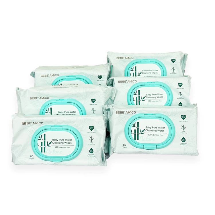 Bebe Amico Baby Pure Water Cleansing Wipes (80pcs) - 100% Bamboo Fibre [Exp: Oct 2027]