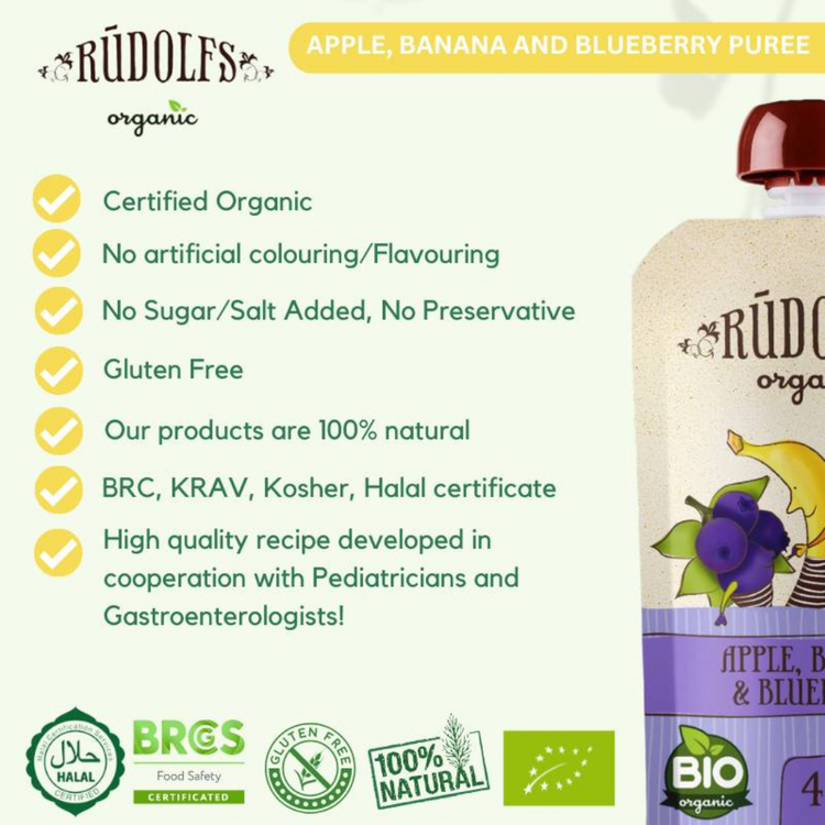 Rudolfs Organic Apple, Banana And Blueberry Puree 110g (6m+)