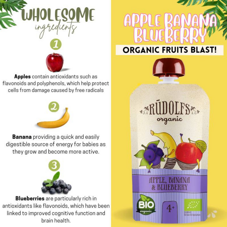 Rudolfs Organic Apple, Banana And Blueberry Puree 110g (6m+)