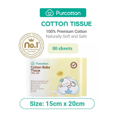 Purcotton 100% Cotton Baby Tissue Ultra Soft 80 Sheets 15X20cm