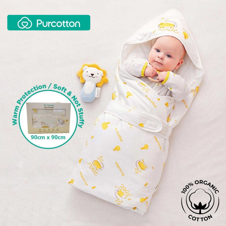 Purcotton Baby Swaddle 90cm x 90cm Yellow Baby Elephant