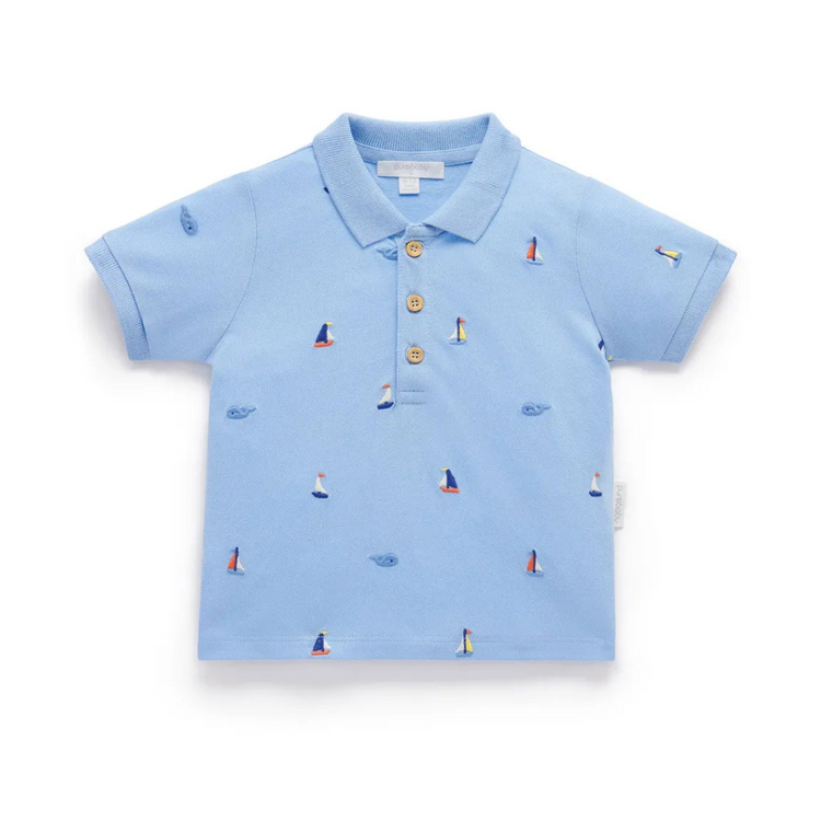 Purebaby Organic Kids Yacht Polo Shirt - Yacht Broderie