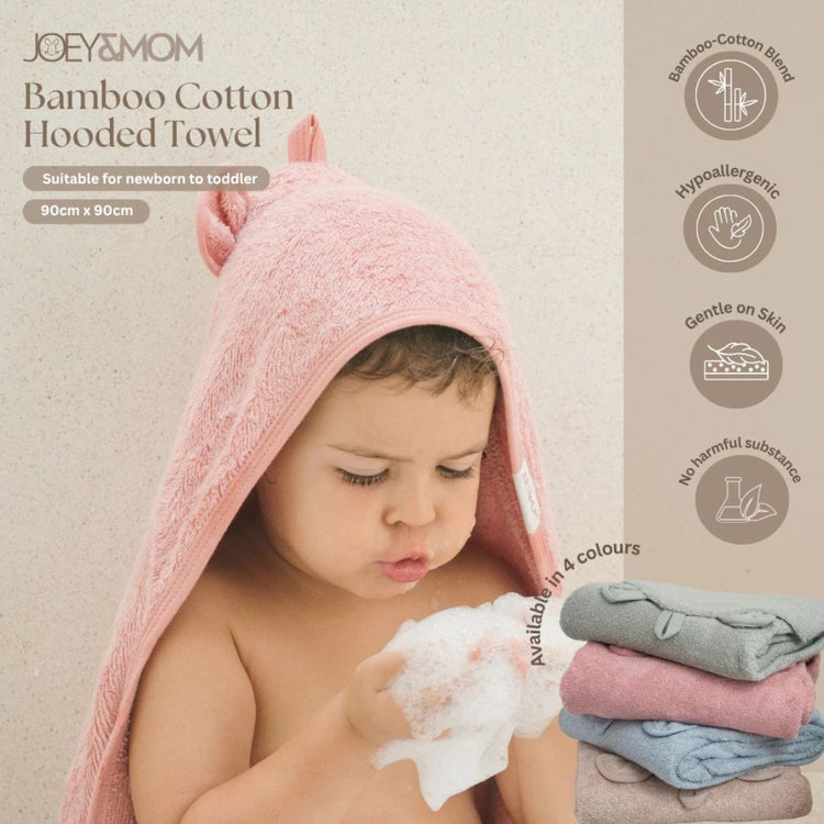 Joey & Mom Bamboo Cotton Hooded Baby Bath Towel 90x90cm | Newborn & Toddler Bath Towel | Soft Absorbent Quick-Dry Towel