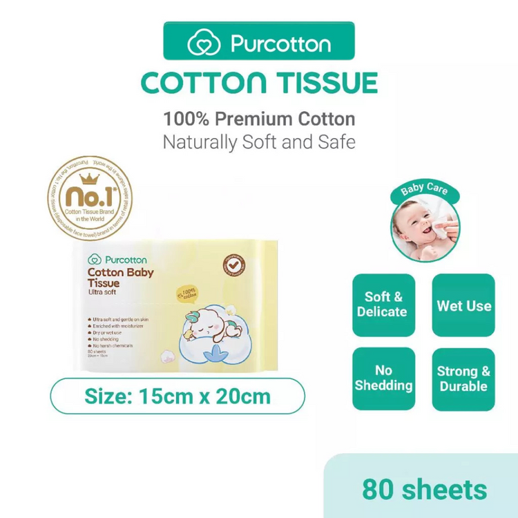 Purcotton 100% Cotton Baby Tissue Ultra Soft 80 Sheets 15X20cm