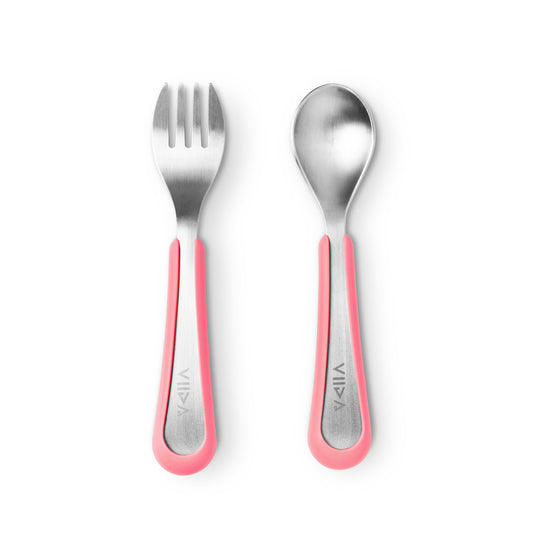 Viida Souffle Antibaterial Stainless Steel Fork & Spoon (L) - Taffy Pink