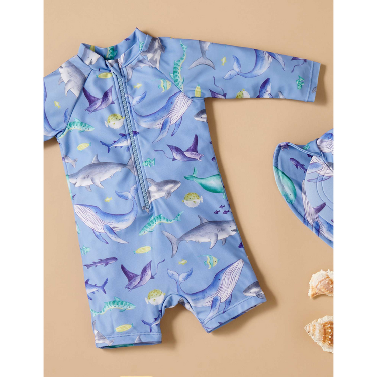 Purebaby Organic Kids Long Sleeve Rashie Sunsuit Shark