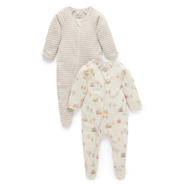 Purebaby 2 Pack Organic Digital Zip Growsuit - Snowy Forest