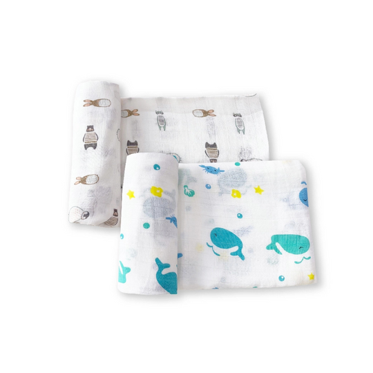 Lunavie Bamboo Muslin Swaddle 2pcs - Bear/Whale (120cm x 120cm) (BEA)