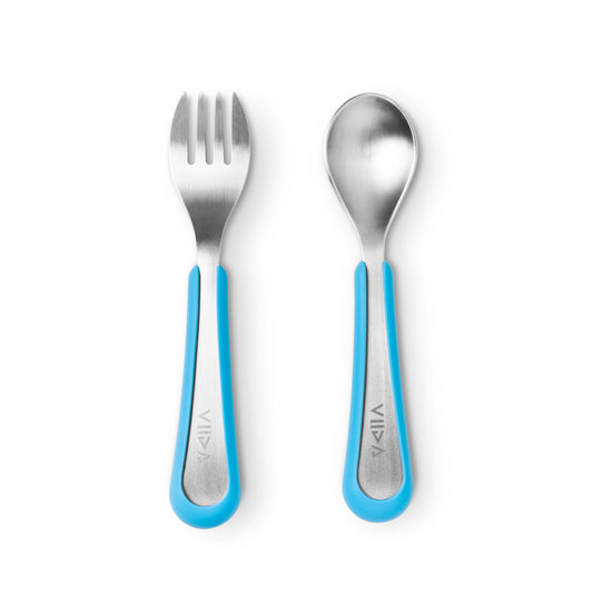 Viida Souffle Antibaterial Stainless Steel Fork & Spoon (L) - Baby Blue