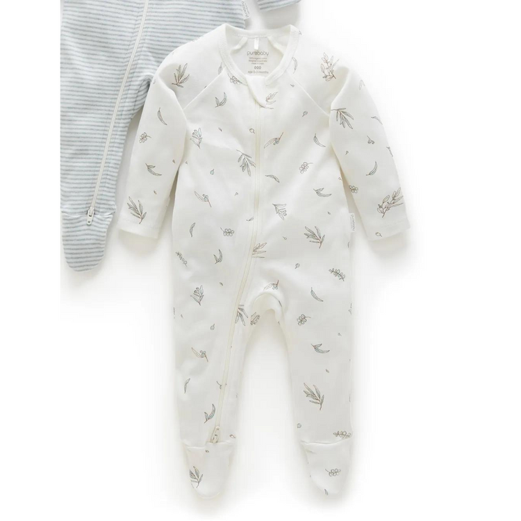 Purebaby 2 Pack Organic Zip Growsuit - Vanilla Ecualyptus Print