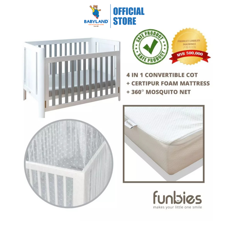 Funbies Joyce Baby Cot Set (White + Grey) (70 x 130cm) | 4in1 Baby Cot