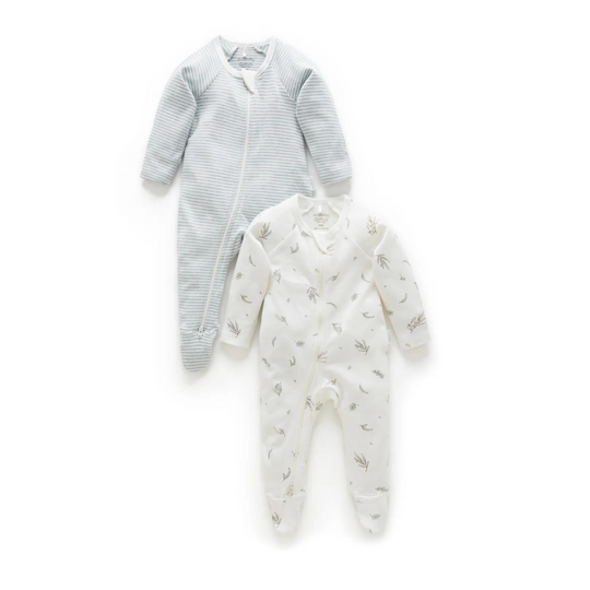 Purebaby 2 Pack Organic Zip Growsuit - Vanilla Ecualyptus Print