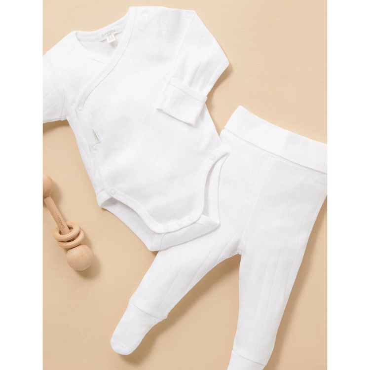 Purebaby Organic Long Sleeve Wrap Bodysuit - White Pointelle