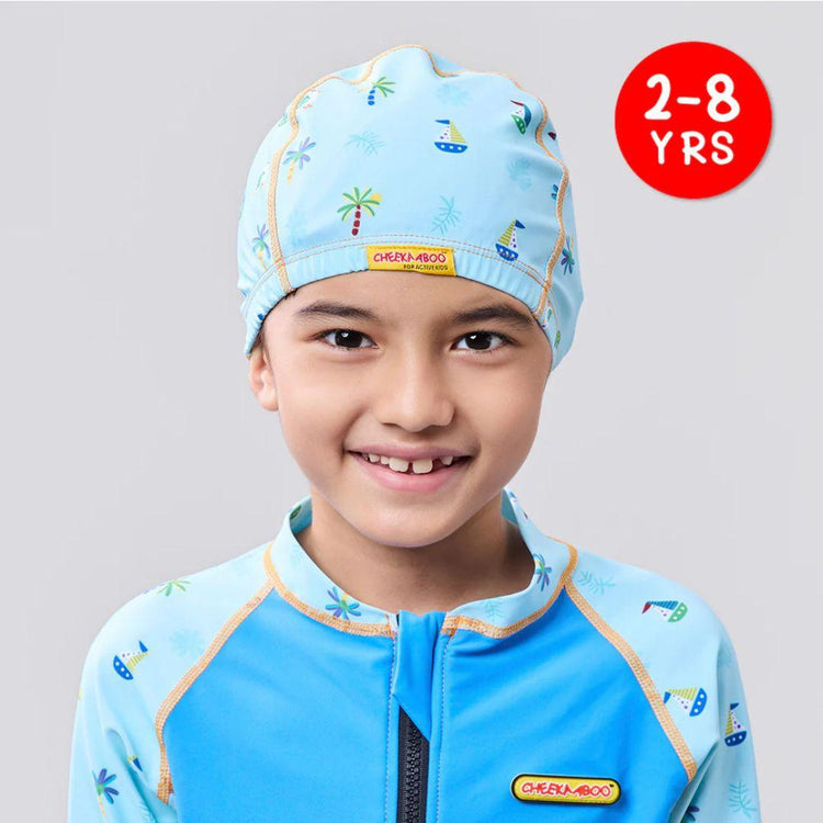 Cheekaaboo Protective Toddler Swim Cap UV Protection Spandex - Blue Palm Tree (2-8yrs)