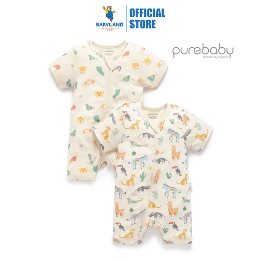 Purebaby Organic 2 Pack Short Sleeve Digital Growsuit - Fiesta Heads