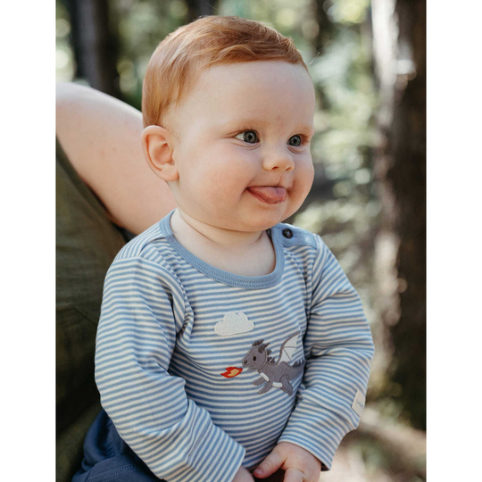 Purebaby Organic Dragon Applique Bodysuit - Pond Mini Stripe Print