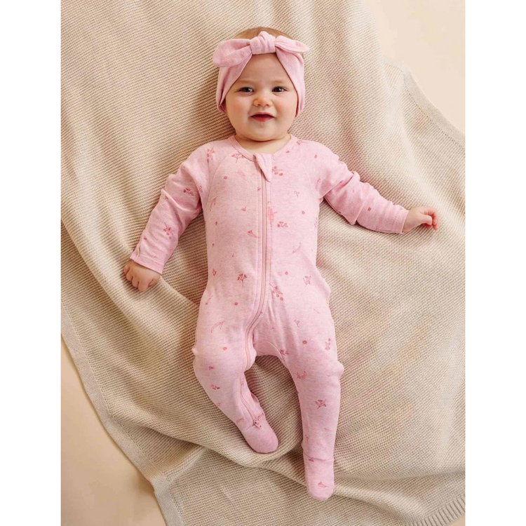 Purebaby Organic Zip Growsuit & Headband Pack - Pale Pink Blossom