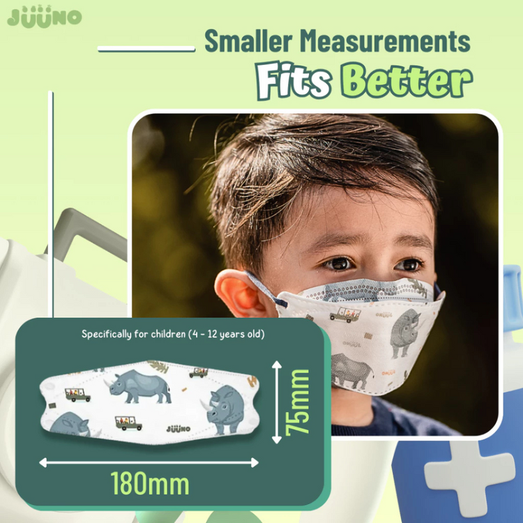 Juuno Kids Mask KF94 Safari Rhino 10'S - Brown | Protective 4Layer Protective >98% 3D Mask