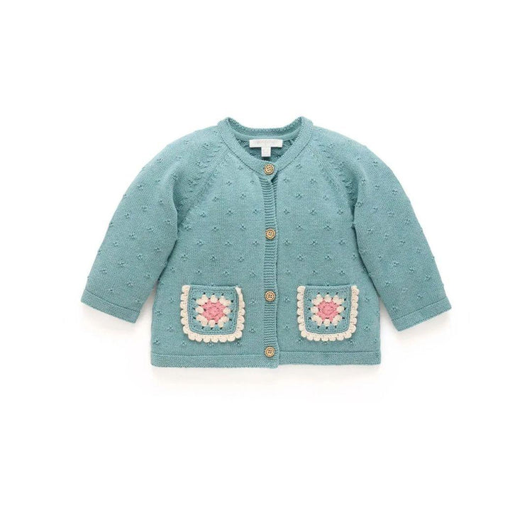 Purebaby Organic Duck Egg Melange Print Crochet Pocket Cardigan