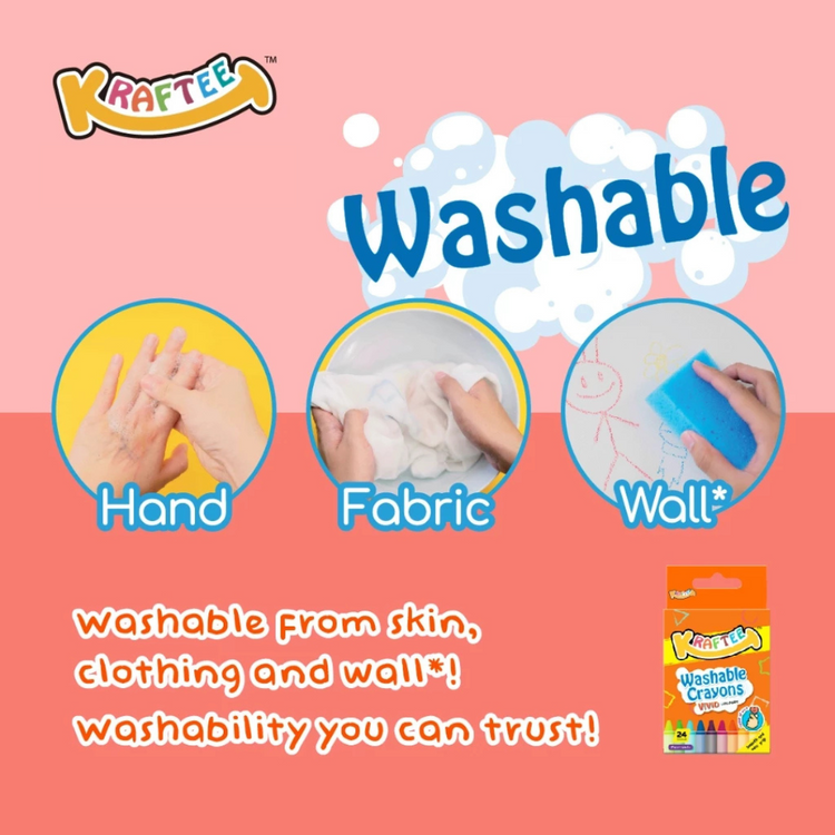 Kraftee 24CT Washable Crayons For Kid Children Art Creativity - Non-Toxic - Back to School