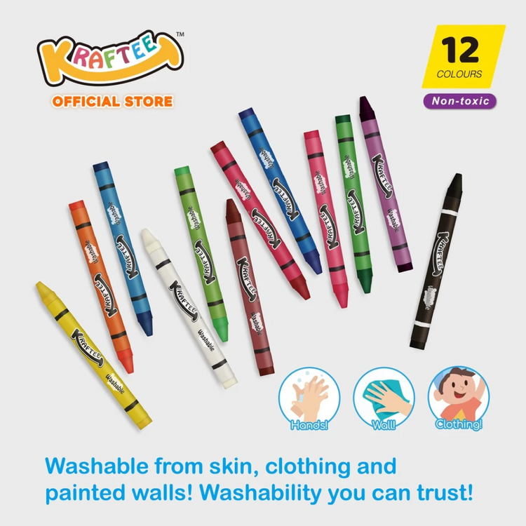 Kraftee 12CT Washable Crayons For Kid Children Art Creativity - Non-Toxic - Back to School