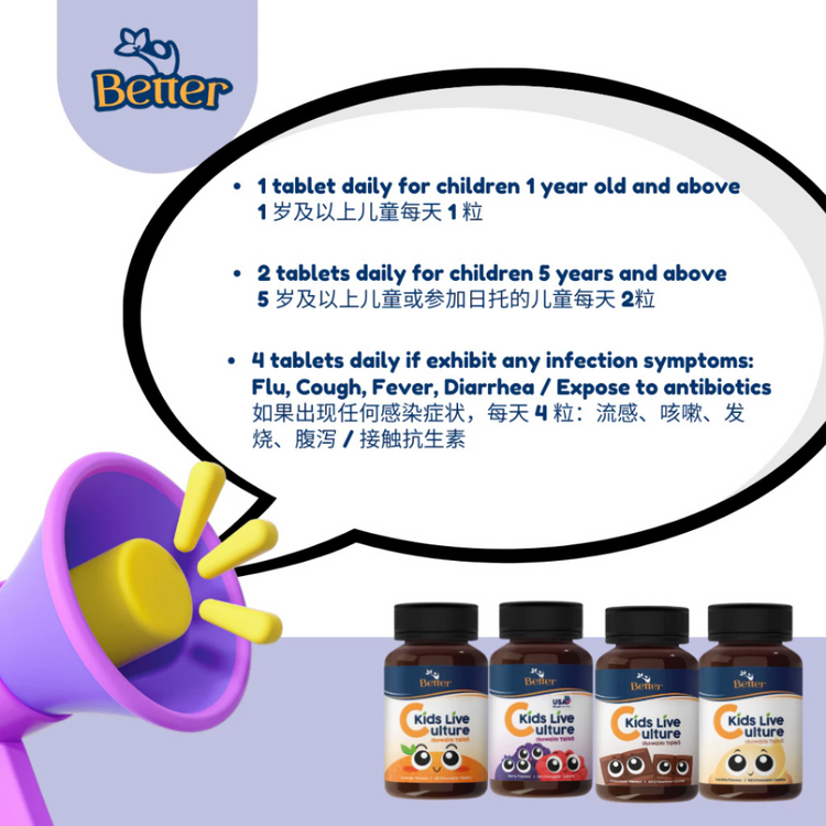 (HALAL) Better Kids Live Culture Chewable Tablet 60’s. Probiotic – 100% Natural Colours and No Preservatives