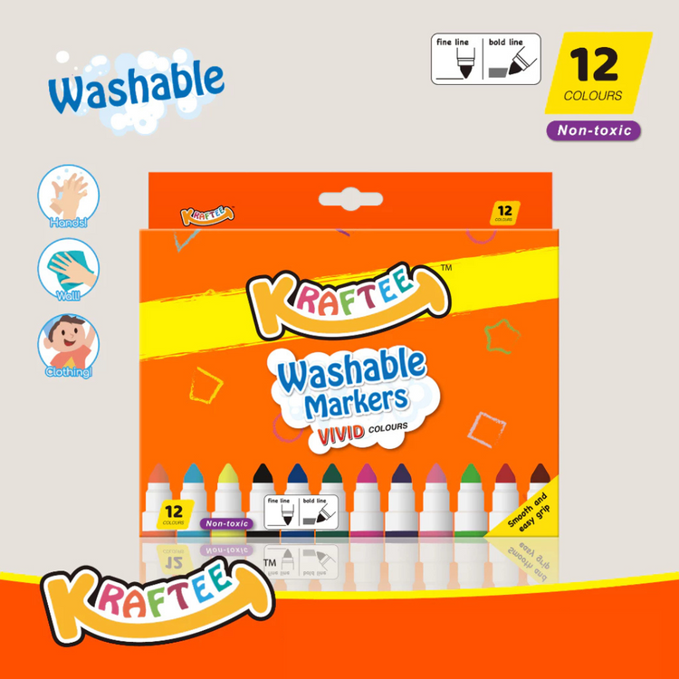 Kraftee 12CT Washable Markers - For Kids Children Art Non-Toxic - Back to School