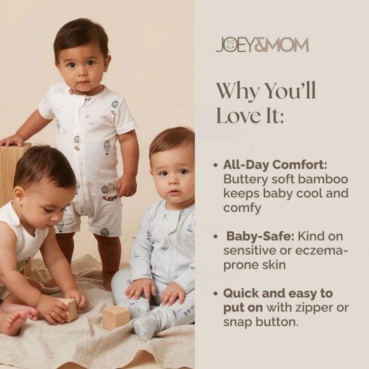 Joey&Mom Baby Clothing Bundle (3-Piece Set) | Bamboo Cotton Sleepsuit + Rompers | Soft Breathable Cooling | Eczema Safe