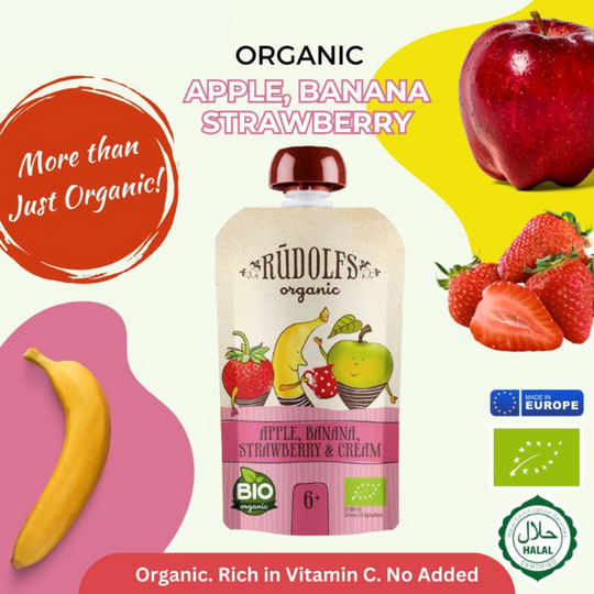 Rudolfs Organic Apple, Banana, Strawberry Puree With Cream 110g (6m+)