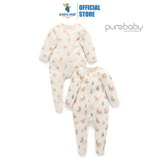 Purebaby Organic 2 Pack Zip Growsuit - Wolf Cub Print