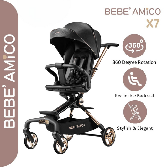 Bebe Amico UPF50+ sun canopy 360° seat unit Two Ways Facing Stroller X7 - Black