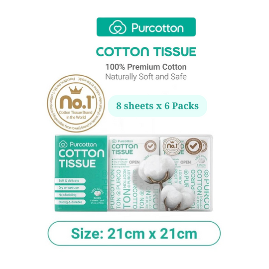 Purcotton 100% Cotton Tissue Pocket 6 Packs 8 Sheets 21X21cm