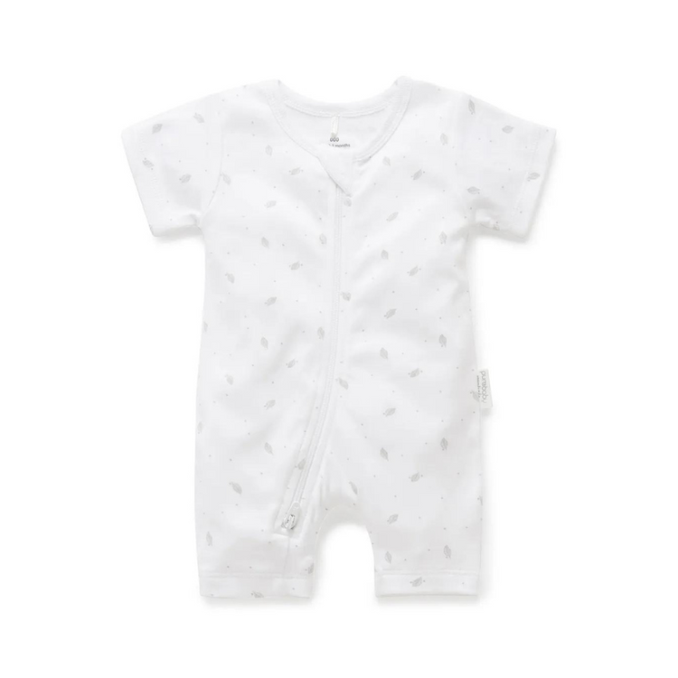 Purebaby Organic Short Leg Zip Growsuit Unisex - Pale Grey Leaf With Spot