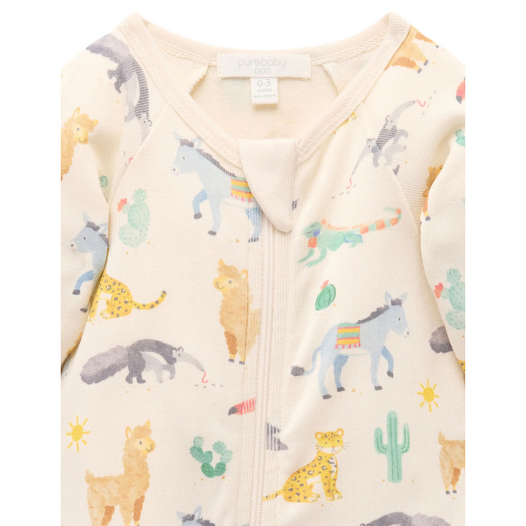 Purebaby Organic Kids Zip Growsuit - Animal Fiesta