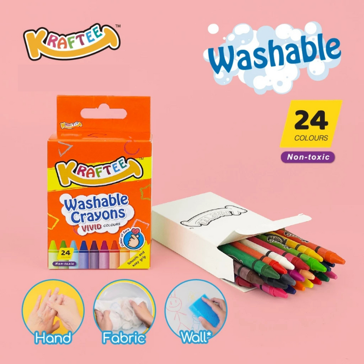 Kraftee 24CT Washable Crayons For Kid Children Art Creativity - Non-Toxic - Back to School