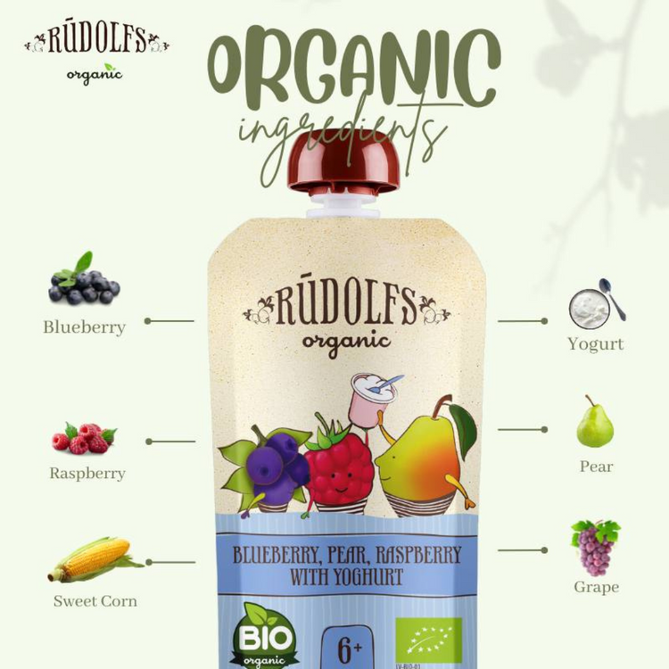 Rudolfs Organic Blueberry, Pear, Raspberry With Yogurt 110g (6m+)