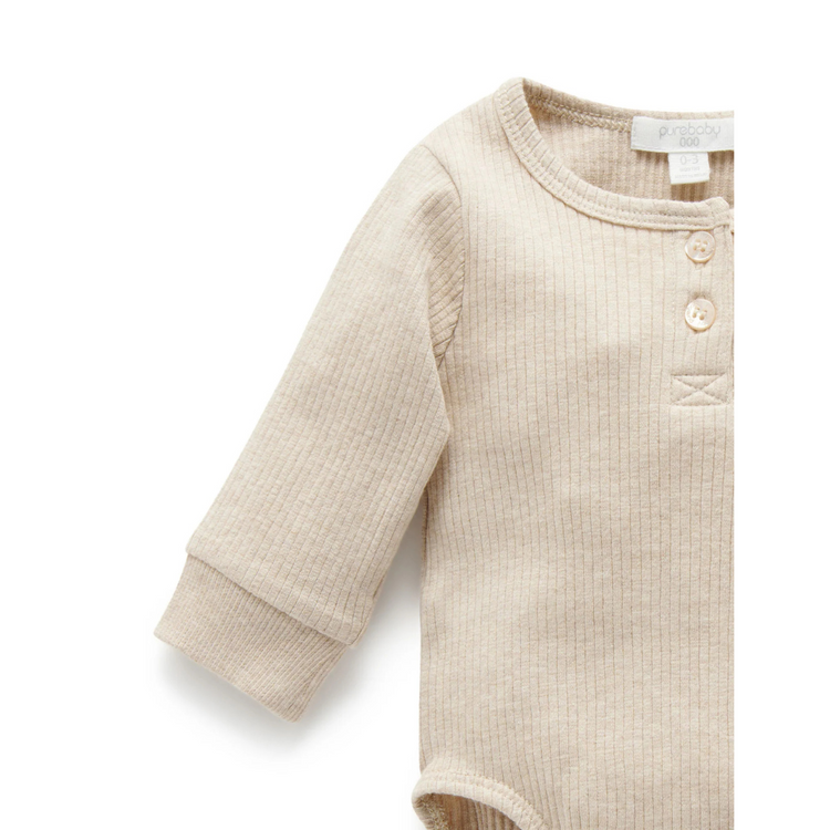 Purebaby Organic Rib Henley Bodysuit - Biscuit Melange