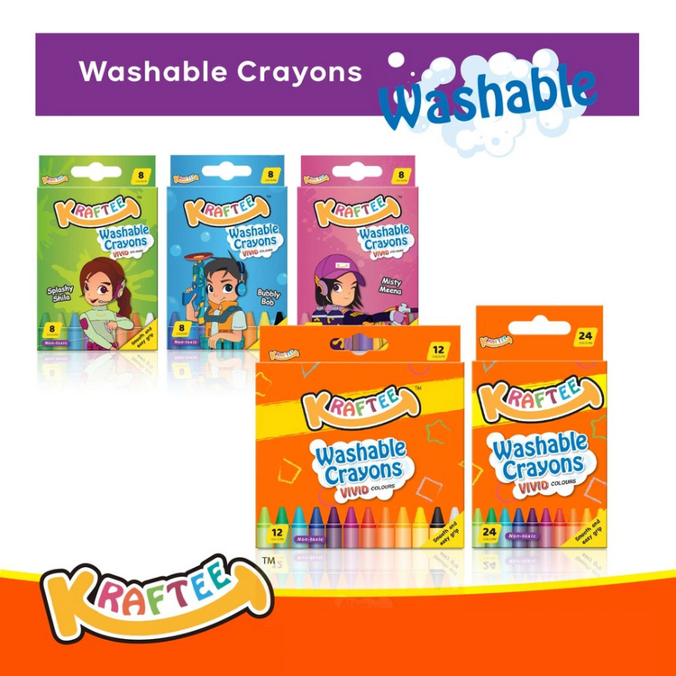 Kraftee 12CT Washable Crayons For Kid Children Art Creativity - Non-Toxic - Back to School