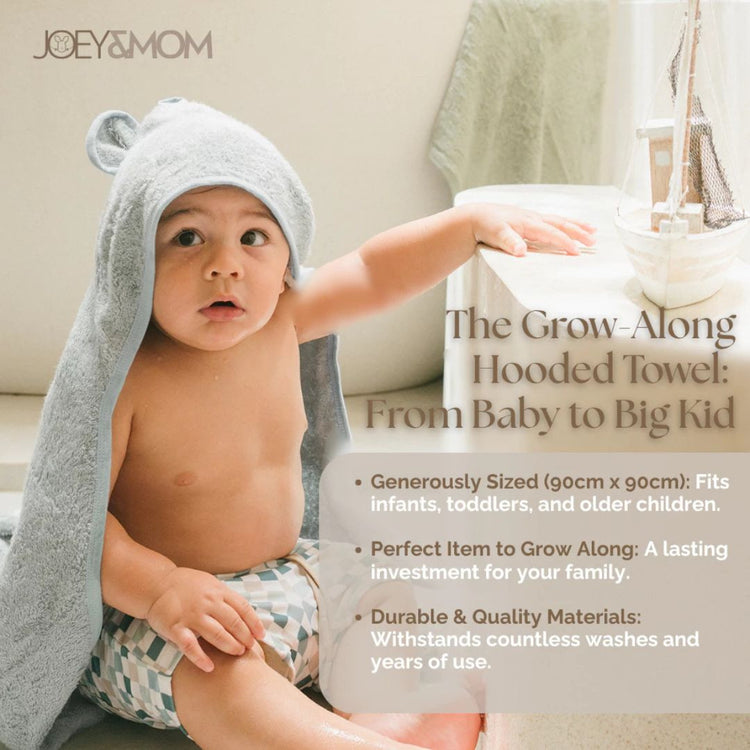 Joey & Mom Bamboo Cotton Hooded Baby Bath Towel 90x90cm | Newborn & Toddler Bath Towel | Soft Absorbent Quick-Dry Towel