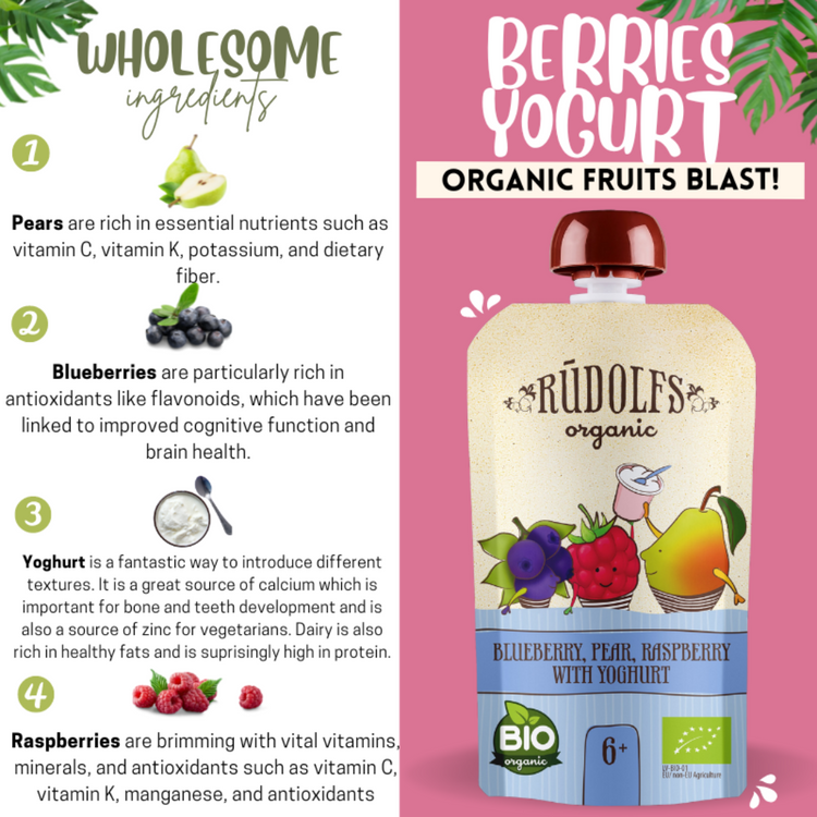 Rudolfs Organic Blueberry, Pear, Raspberry With Yogurt 110g (6m+)