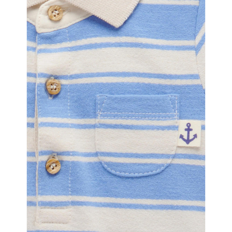 Purebaby Organic Striped Polo Growsuit Ocean Stripe