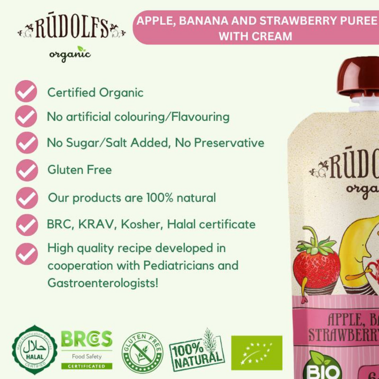 Rudolfs Organic Apple, Banana, Strawberry Puree With Cream 110g (6m+)