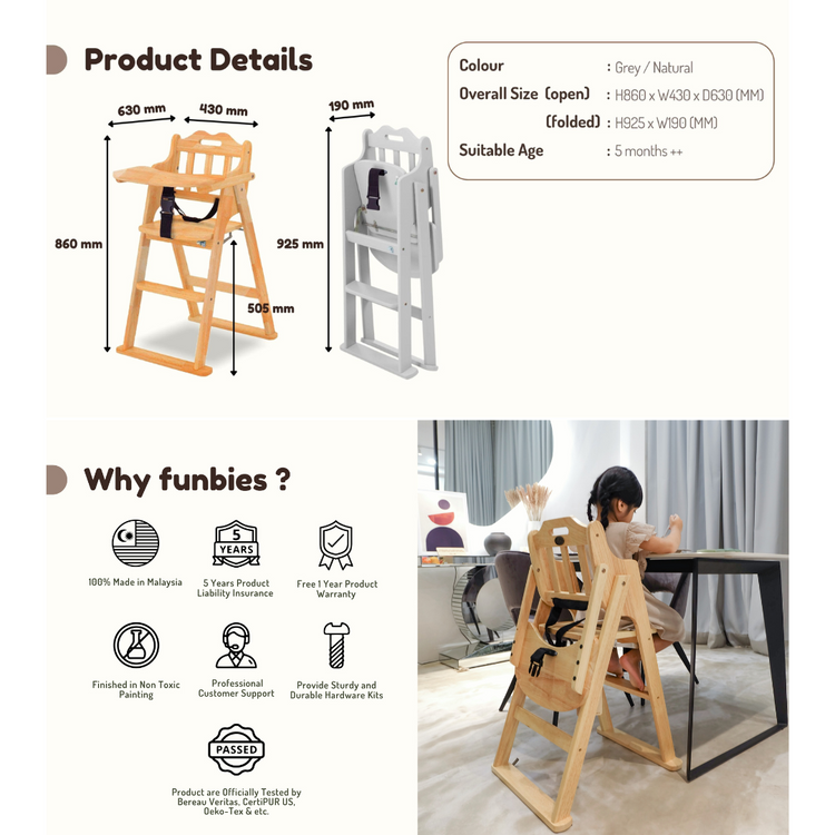Funbies MI01 Foldable Baby Highchair - Light Grey