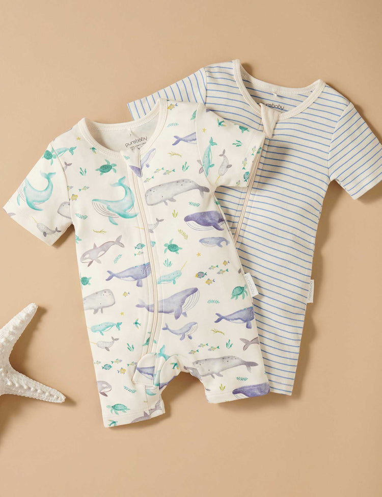 Purebaby Whale 2 Pack Short Zip Growsuit