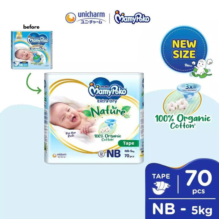 MamyPoko Extra Dry Nature Tape Premium Baby Diapers NB70/S60/M54/L46/XL40/XXL32 (1 Pack)
