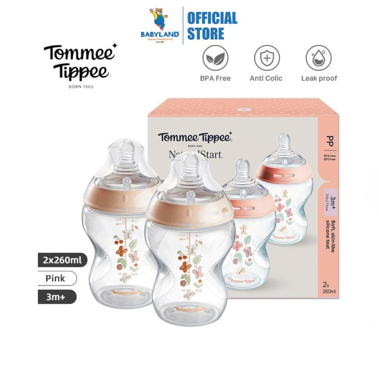 Tommee Tippee Natural Start PP Decorated Bottle (2x260ml) - Pink – BPA-free, Soft Silicone Teat, Anti-Colic Valve