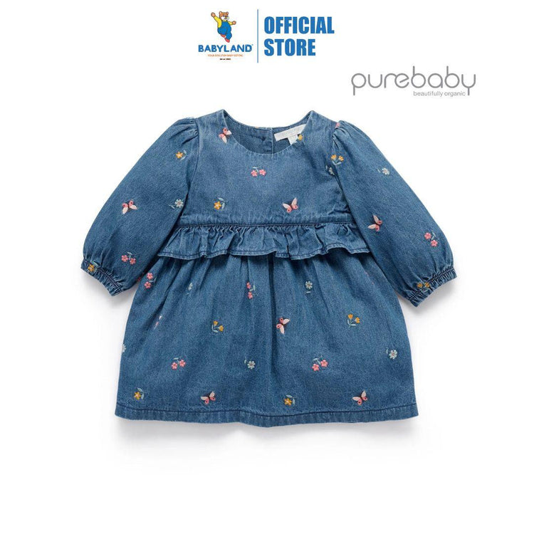 Purebaby Organic Ladybird Broderie Print Denim Embroidered Dress