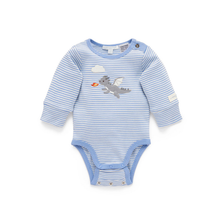 Purebaby Organic Dragon Applique Bodysuit - Pond Mini Stripe Print