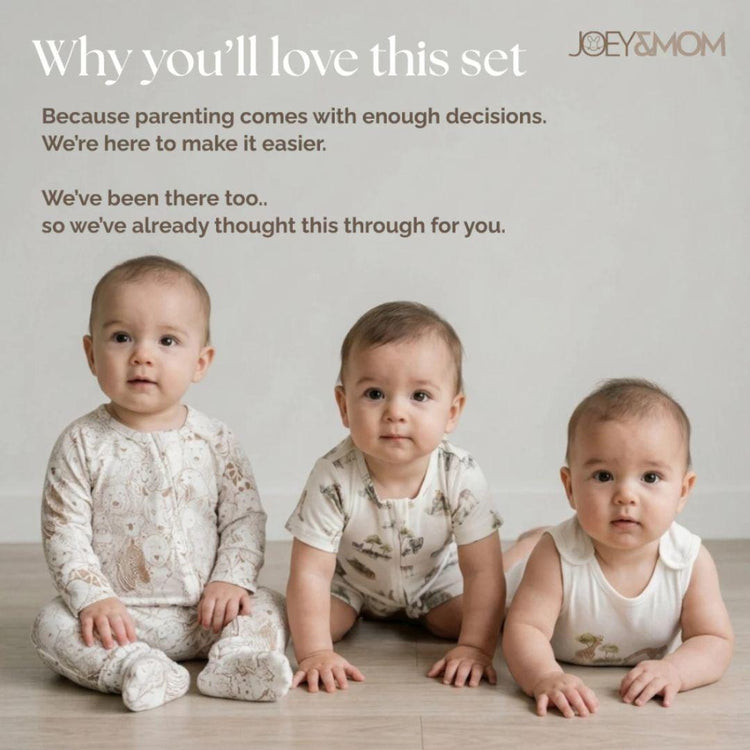 Joey&Mom Baby Clothing Bundle (3-Piece Set) | Bamboo Cotton Sleepsuit + Rompers | Soft Breathable Cooling | Eczema Safe
