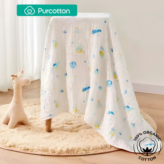 Purcotton Baby Airysoft Gauze Bath Towel 6 Layer Stitched 95cm x 95cm Blue Lion & Plane